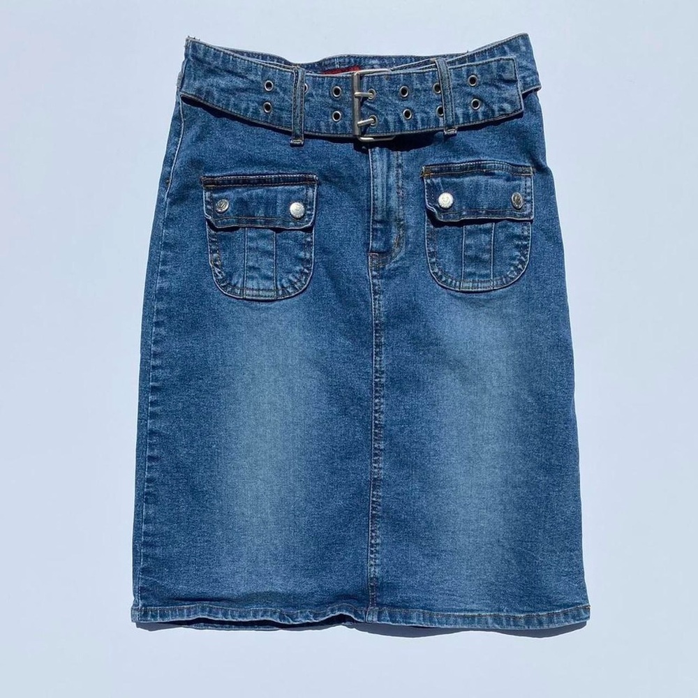 Y2K 2000s Blue Denim Skirt with Attached Belt Women's Medium Grunge Goth 90s